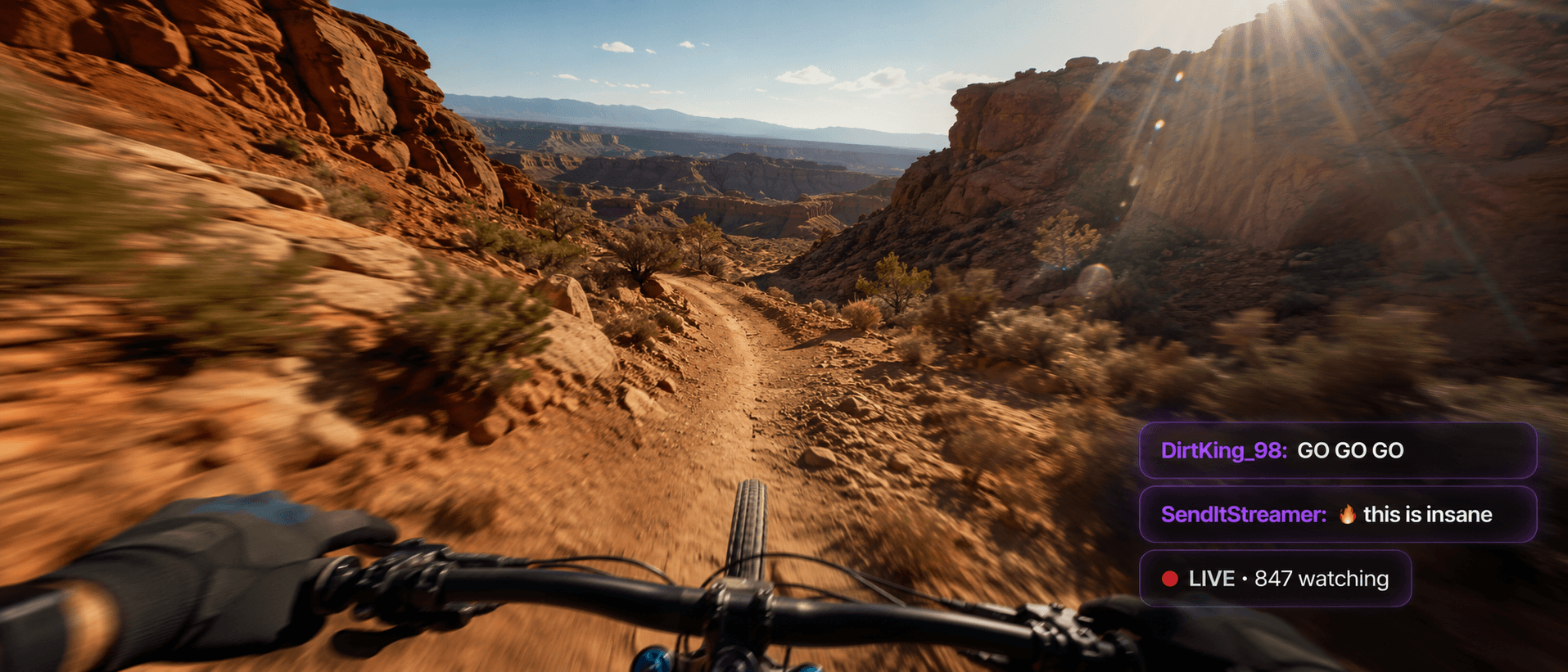 POV livestream from Ray-Ban Meta — mountain biking through a canyon with live chat floating in view.